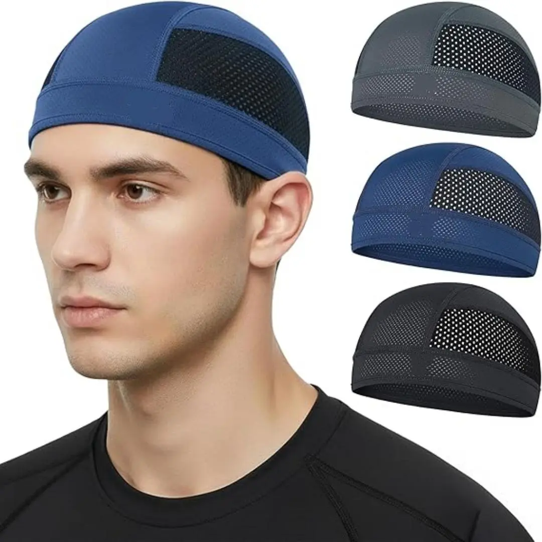 Unisex 3pcs Cooling Skull Cap Liner & Brimless Beanies - Breathable Mesh, Stretch Fit, Lightweight, Hand Washable Round Top Under-Cap for Cycling, Motorcycle
