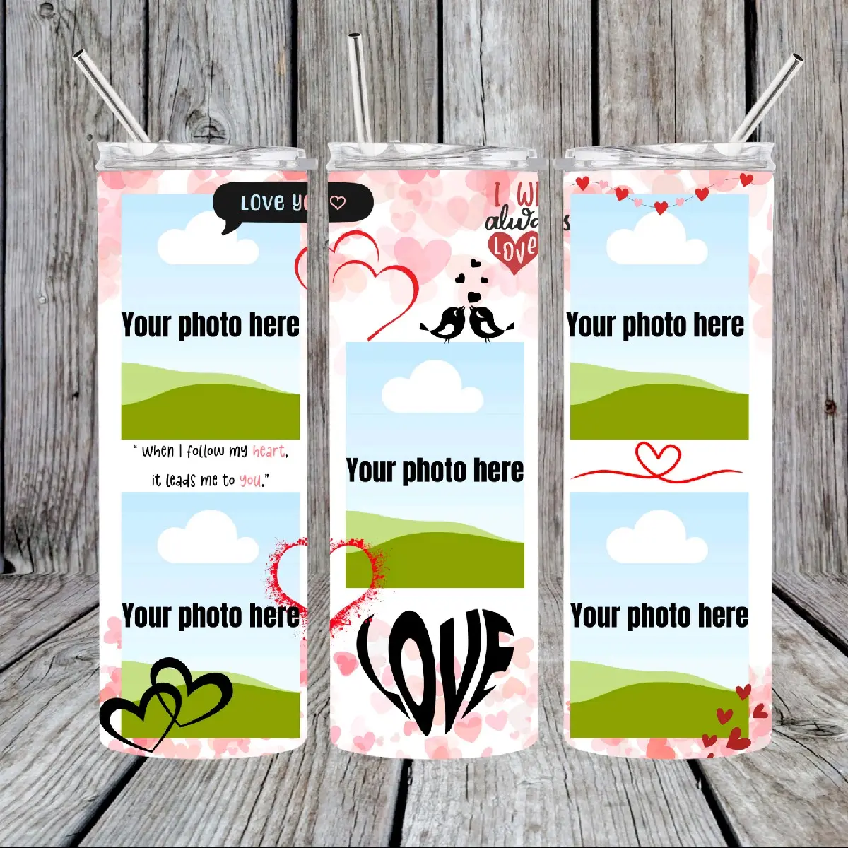 20oz Stainless Steel Water Bottle - Custom Personalized Heart Love Graphics, Portable, Included Straws & Lid, Classic Kitchenware Drinkware, Best Friend & Partner Valentine's Day Gift
