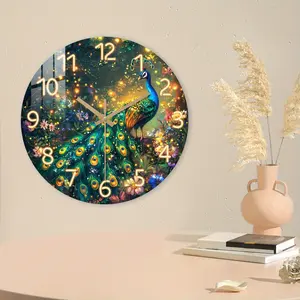 Fantasy Theme Peacock Design Wall Clock, Silent Clock for Living Room, Bedroom, Kitchen, Office, Battery Operated, Natural Lover Gift, Decor