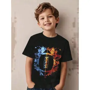 Boys' American Football Flame Shirt - Black With Blue & Orange Flames, Relaxed Fit T-Shirt For Sports, Casual Attire & Themed Events - Machine Washable Athletic Top For Young Fans