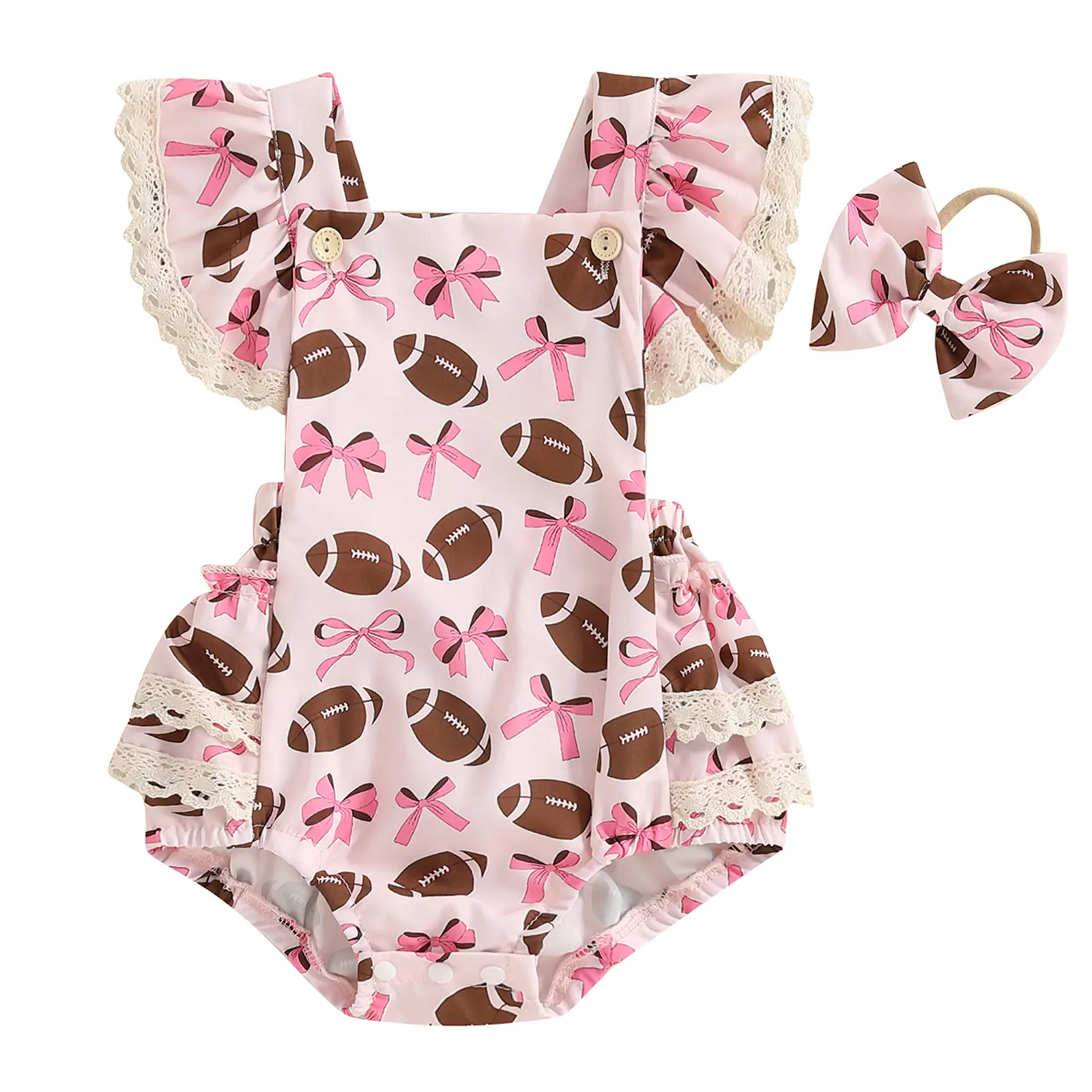 Infant Baby Girl Football Romper Ruffles Sleeve Lace Trim Football Bow Print Onesie Bubble Bodysuit Jumpsuit with Headband