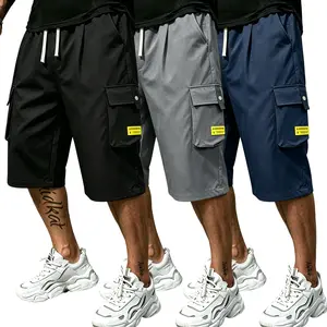 Men's 3-Pack Baggy Loose Cargo Shorts - Elastic Drawstring Waist, Multi-Pockets for Summer Outdoor Wear (Black, Gray, Army Green)