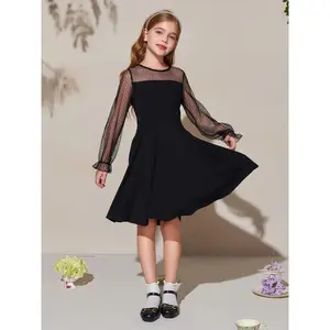 Kids Summer Casual Dresses for Girls Contrast Mesh Long Sleeve A Line Pockets 4-14 Years