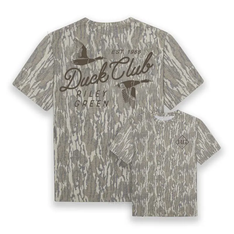 Men's Riley Green Duck Club Real Tree Classic Camo Dri-Fit Short-Sleeve T-Shirt - Menswear, Casual Polyester Fabric Performance Hunting Shirt Original Bottomland, Shortsleeve, Top