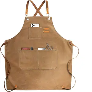 [Canvas Apron] 3 Pockets Adjustable Canvas Apron |   Cross-Back, Suitable for Outdoor Barbecue, Outdoor Work, Art Painting And Gardening