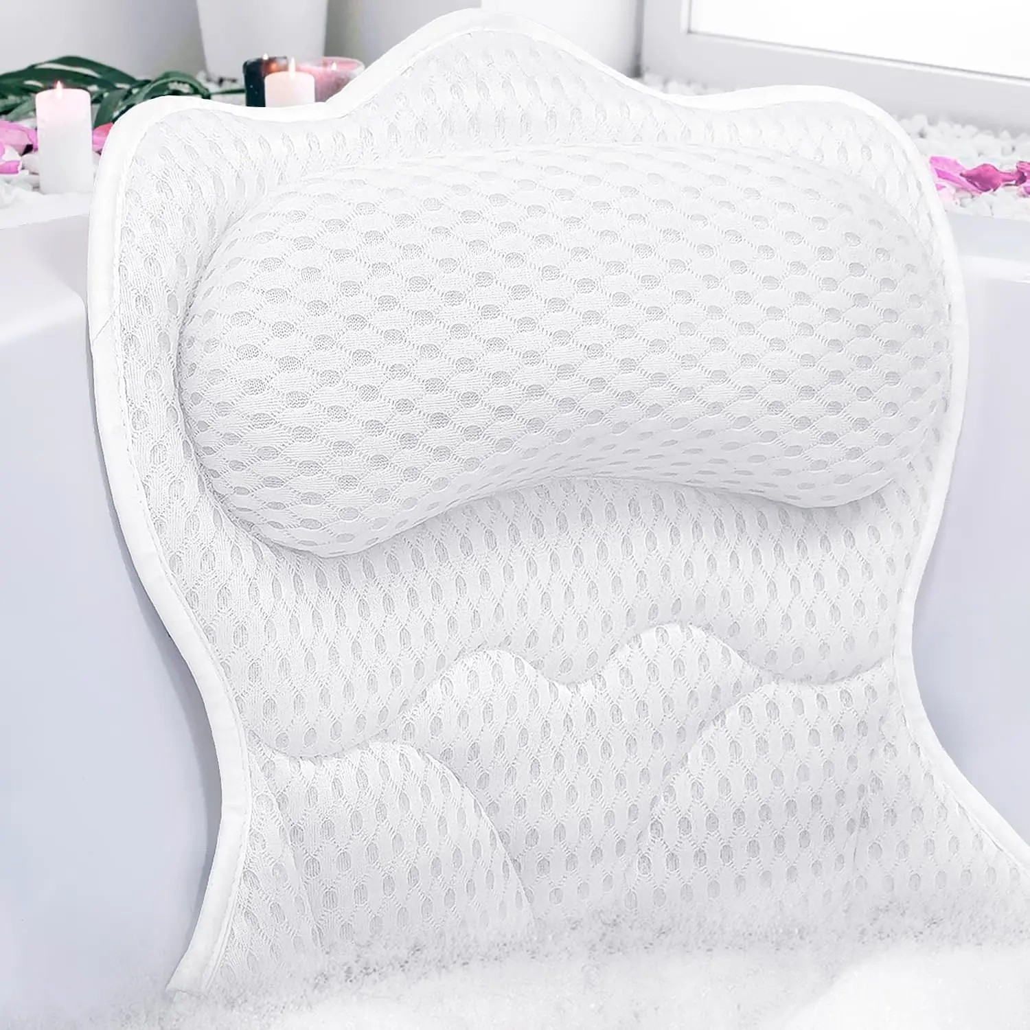 Bath Pillows for Tub,Bath Pillow with 6 Non-Slip Suction Cups,Soft 4D Mesh Fabric,Bathtub Pillows for Tub  and  Support,Extra Thick Luxury Bathtub Pillows,White