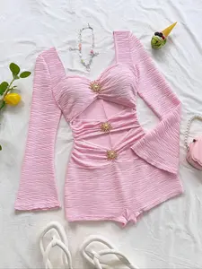 Women's Knitted Solid Color Fashion Chic Womenswear Casual Vacation Style, Unique Design Small Sun Metal Decorative Buckle, Slim Fit Long Sleeve Elegant Jumpsuit Outfit