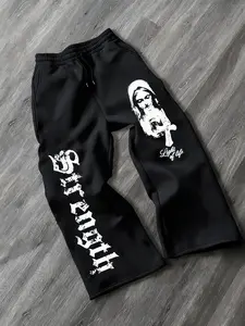Dark Religious Gothic Style Loose Leg Pants, Unisex Streetwear, Cotton Fabric, Contrast Design, Adjustable Waist, Perfect for Subculture Fashion, Drawstring Loose Pants