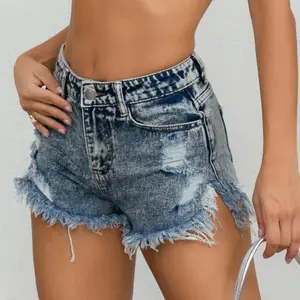 Light Blue Ripped High Waist Denim Shorts, sexy casual high-waisted summer plus-size ripped jeans for women, plus-size ripped denim shorts for women