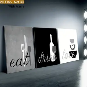 3-Piece Artistic Wooden Framed Kitchen Wall Art Set - Triple Panel, 2D Flat Graphic, Gray Black White Monochrome Modern Hanging Decoration, Waterproof Glossy Print, Kitchen Decor Gift
