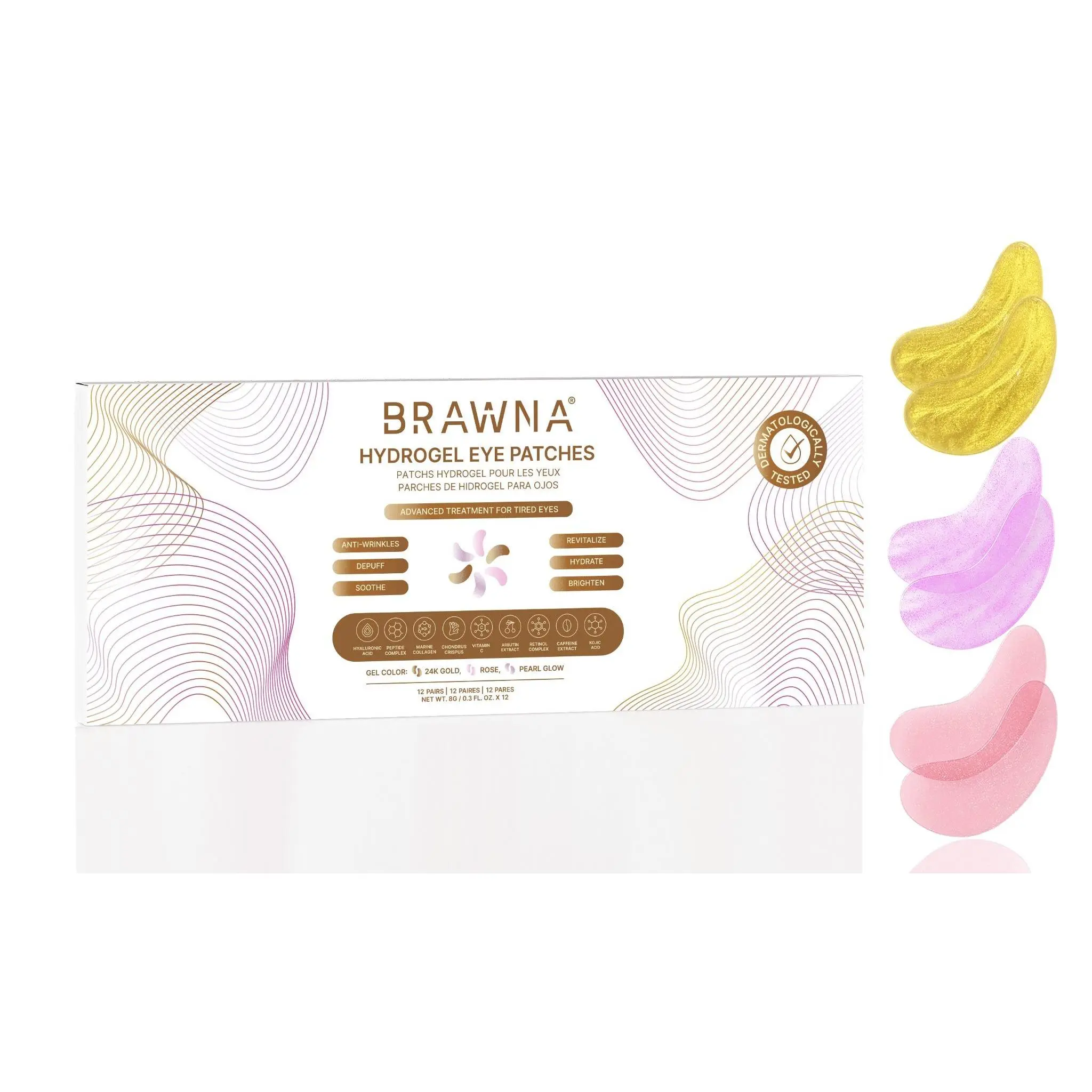 BRAWNA Hydrogel Undereye Mask Patch Gift Set with Hyaluronic Acid, Collagen, Retinol, Caffeine, Peptide, Kojic Acid, Arbutin - For Dark Circles, Puffy Eyes, Undereye Bags, Wrinkles - Gift for Women - 12 Pairs Lighten