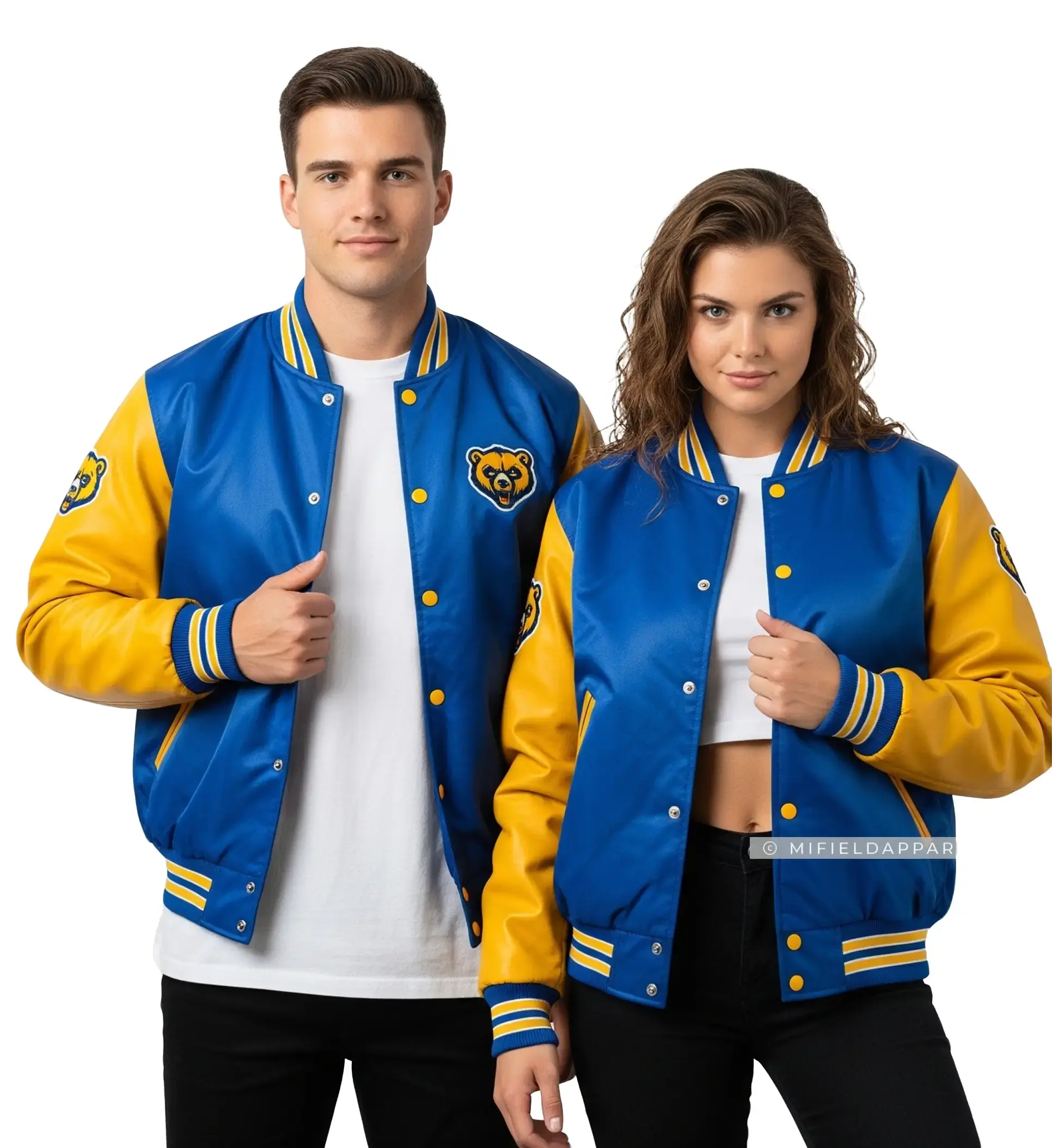 California Golden State Satin Varsity Jacket Royal Blue & Gold Colorblock Fitted Long Sleeve Casual Preppy Sports West Coast Athletics Streetwear Menswear Stylish