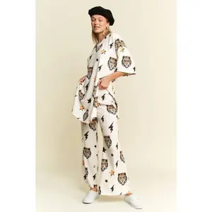 Tiger & Lightning Print Set - Stretch Knit Fabric Top with 1/2" Sleeves & Round Neck, Straight Leg Pants with Elastic Waist & Side Pocket, All Seasons Womenswear