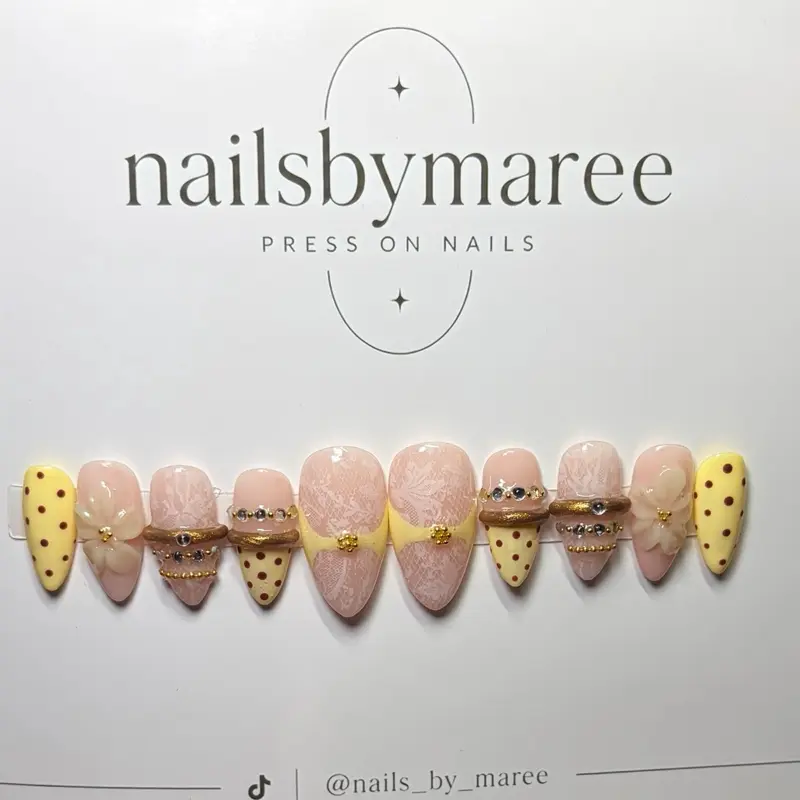 NailsByMaree Press On Nails - Yellow & Pink Polka Dot Design with Gold Accents -