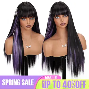 Natural Black Long Straight Synthetic Wig with Bangs – Realistic Glueless Wear & Go Wig for Women, Soft & Silky Hair for Daily Wear & Parties purple wig