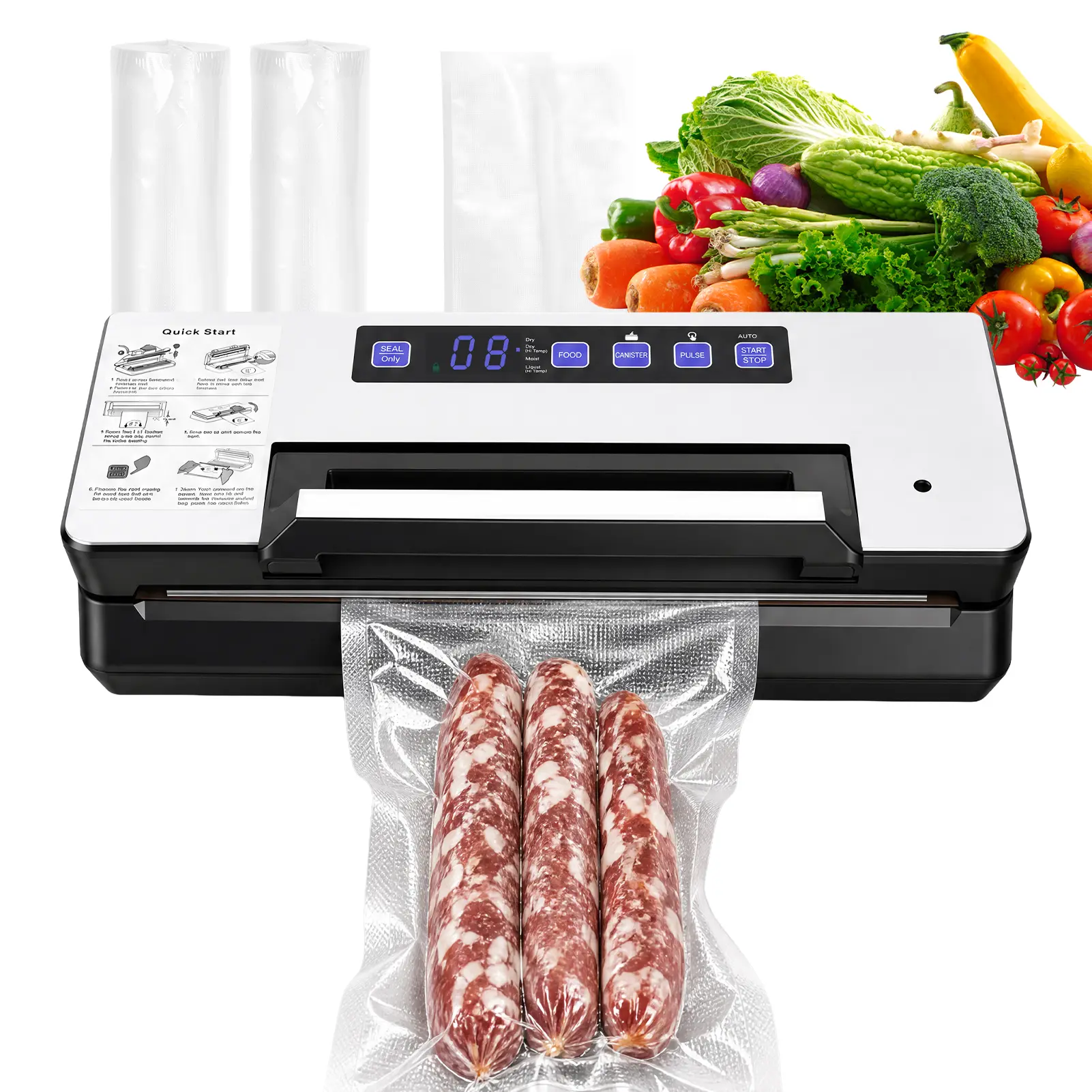 Automatic Food Vacuum Sealer Machine with Built-In Cutter & Bag Storage, Easy-Lock Handle, 145W 100kPa 9-in-1 Functionality, 17×25cm (10 Bags), 20x200cm (2 Rolls) & Hose