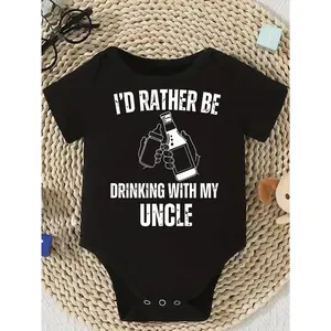 Cute Baby Bodysuit With I'd Rather Be Drinking With My Uncle Print Soft Versatile Round Neck Button Detail Regular Fit All Seasons Knitted Fabric Onesie