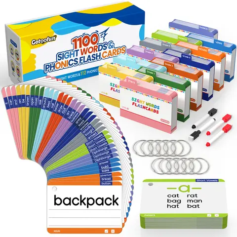 GOTOOFUN Dolch+Fry 1100 Sight Words Flash Cards - Waterproof Dry-Erase Phonics, CVC Cards with Box for Grades 1-6, 4-13 Years Old Kids; Box Turns Practice into Quick Games, Holiday Gift for Tutoring Sessions