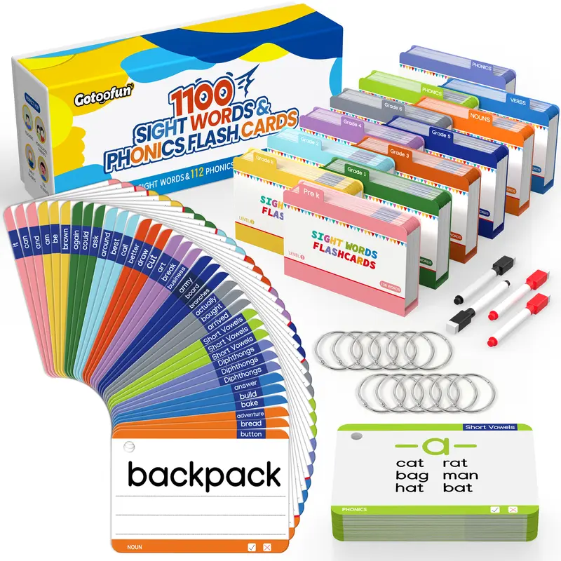 GOTOOFUN Dolch+Fry 1100 Sight Words Flash Cards - Waterproof Dry-Erase Phonics, CVC Cards with Box for Grades 1-6, 4-13 Years Old Kids; Box Turns Practice into Quick Games, Holiday Gift for Tutoring Sessions