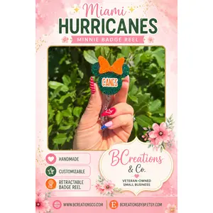 Miami Hurricanes Minnie Badge Reel | Custom Name Badge Reel | Retractable ID Holder | Nurse Badge Reel | Teacher Badge Reel | Hurricanes Fan Gift