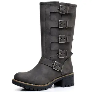 GLOBALWIN Women's Grey Boots Fahion Dressy Mid Calf Boots For Women Low Heel 11M stylish footwear biker boots Girl Walking Shoes