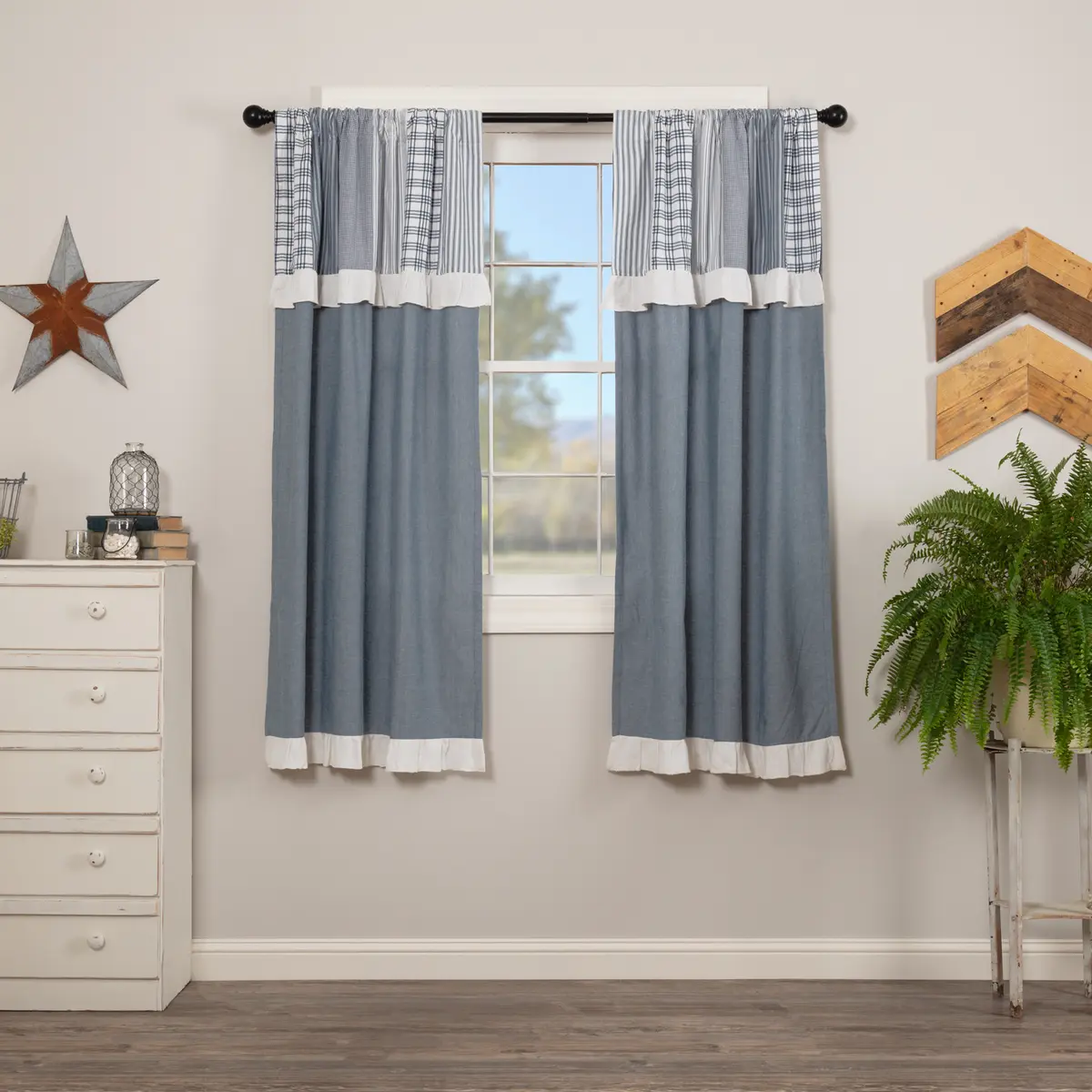 Farmstead Blue Patchwork Short Panel Curtains