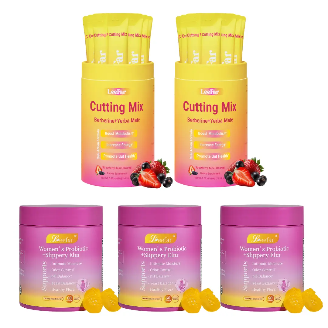 LEEFAR Signature Bundle: Women's Probiotics+Slippery Elm Pineapple Gummies*3 Bottles & Cutting Drink Mix*2 Jars