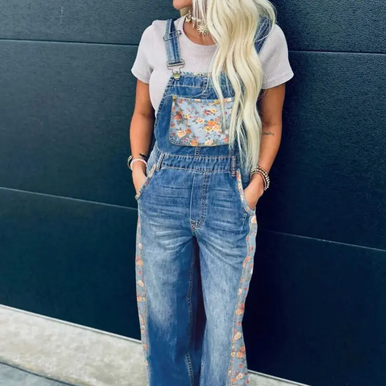 Trendy [Size runs small Go To Style, order one size up]Women's Retro Vibe Peacock Blue Floral Patchwork Bib Denim Wide Leg Overalls - Strappy Adjustable Straps, Pocketed Design, Cotton Fabric for Stylish Comfort, Lady's