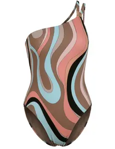 PRE-ORDER-L'AGENCE Karmin One Shoulder One Piece Swimsuit in Multi Abstract Swirl