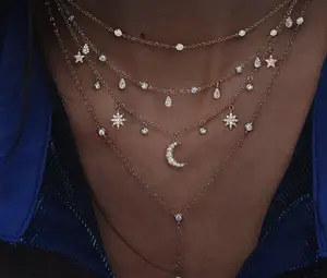 Gold Diamond Stars and Moon Necklace for Women