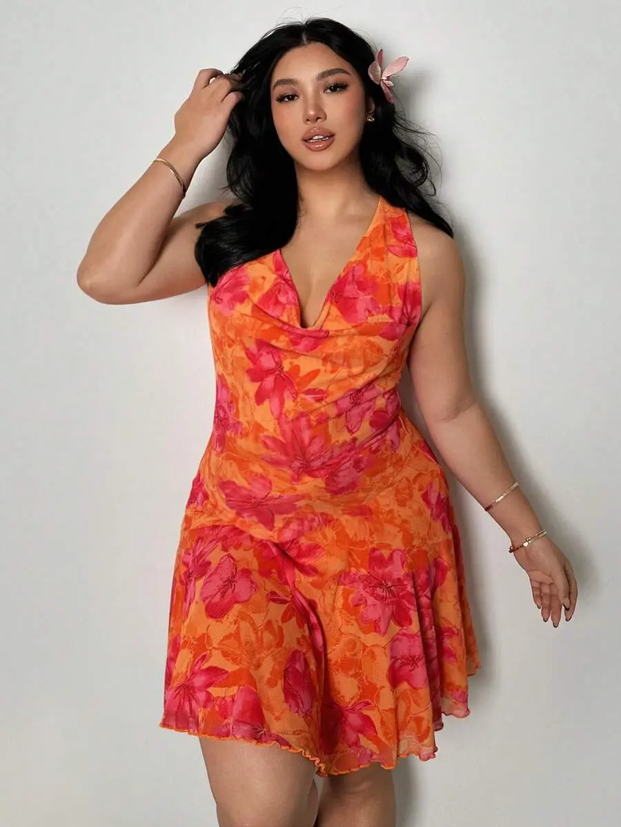 Firerie Plus Size Floral Print Halter Neck Casual Dress Orange Beach And Pink Sunset Vacation Elegant For Women