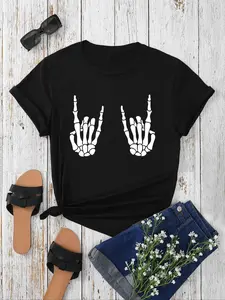 Women's Halloween Skeleton Hand Print Round Neck Tee, Casual Short Sleeve Graphic T-shirt, Ladies Clothes for Summer