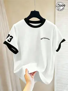 Unisex 100% Cotton Summer Black & White Ringer "WILD COWBOY" Print Oversized Streetwear T-Shirt | Retro Vintage Preppy Casual Top