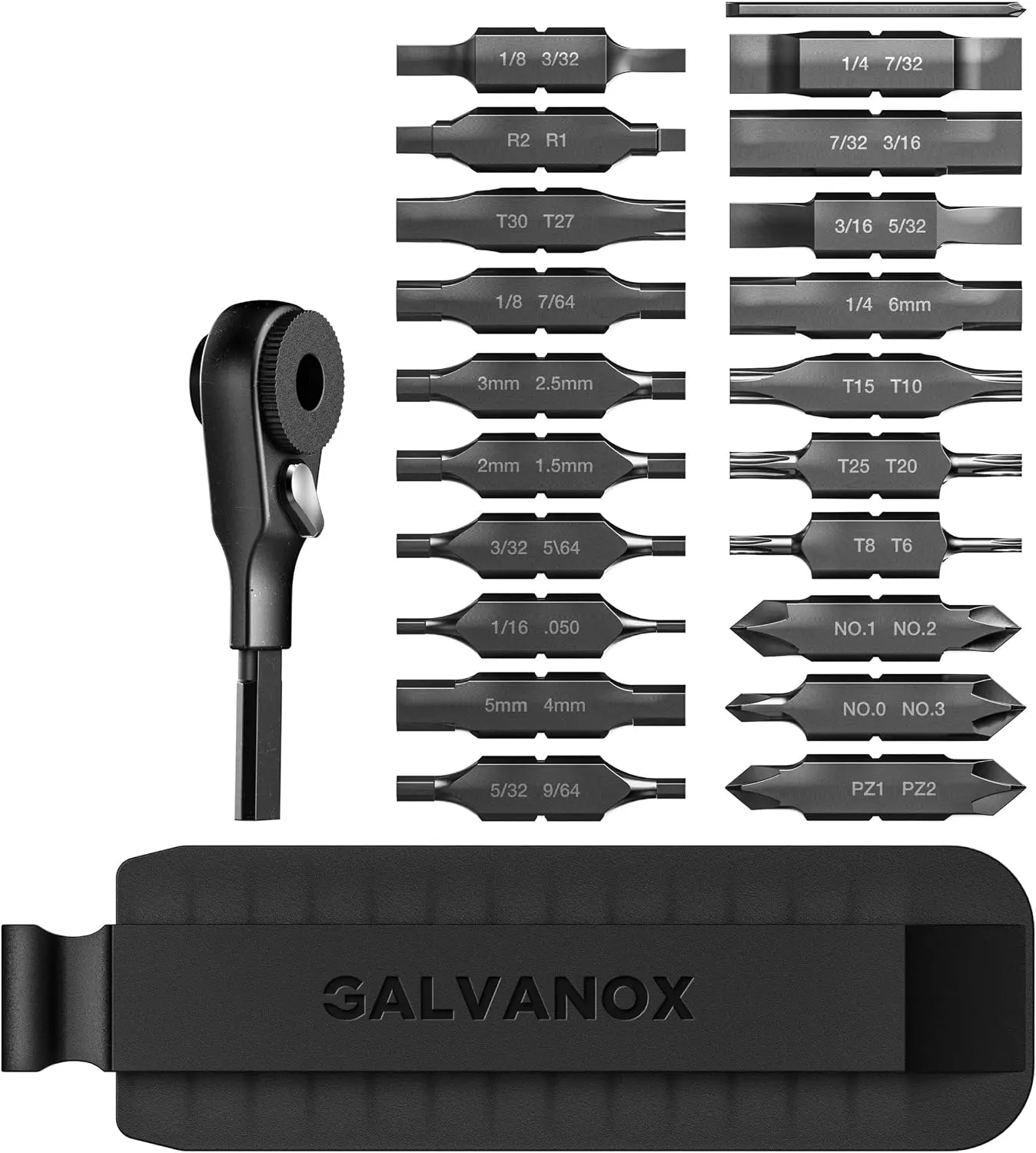 Galvanox 22PC Accessories Set, Compatible with Leatherman Multi-Tools [59HRC] Hardened Double-Sided 21 Piece Bit Kit with Flat-End Ratchet Driver and Sheath Holder (Black)