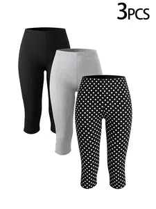 3 Piece Set Seven-Eighths Leggings, Polka Dot & Solid Colors, High Waist, Stretchy, Breathable, Versatile for All Seasons
