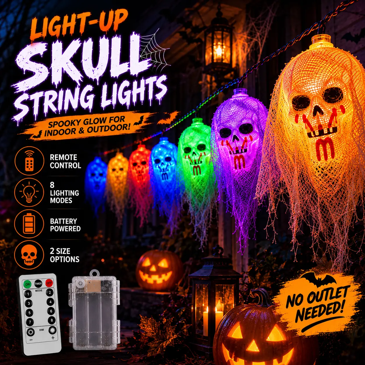 Spooky Halloween Skull Hanging String Lights - Gauze Cover, 10-20 Multi-Size Skulls, 8 Modes, Remote Control, LED-Like Glow, Multicolor, 4.9ft/8.2ft 2-Size Set Box, Glow Party Accessories, Home Decor Supplies, Indoor Outdoor Use