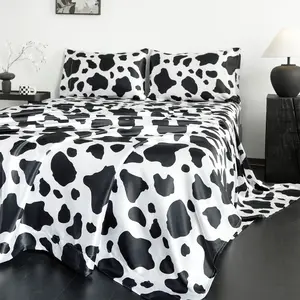 BEKRVIO 4-Piece Cow Pattern Satin Sheet Set Faux Silky Bedding Cooling & Wrinkle-Free Hypoallergenic Twin Size Black & White ideal seasonal gift