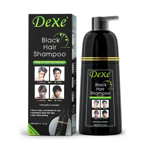 DEXE Gentle Black Hair Dye Shampoo for Gray Hair - Ammonia-Free, Peroxide-Free, Plant-Based with Argan, Ginseng + Ginger, Sesame Care, Semi-Permanent Alternative Color, Fast-Acting, Easy-Apply Adult Haircare (14 Fl oz, 30-Day Longevity)