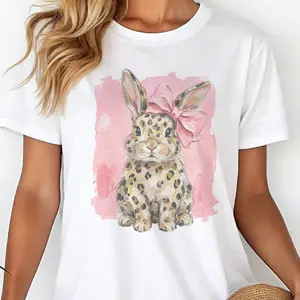 Vintage Easter Tee Retro Leopard Print Rabbit Tshirt Pink Bow Easter Bunny Graphic T-shirt Unisex Womenswear Holiday Easter Top Sublimation Soft Print Girly Bunny Shirt
