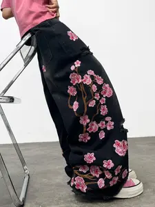Men's Loose Jeans, American Street Y2K Embroidered Streetwear Wide Leg Pants, Casual Long Pants for All Seasons, No Belt Included