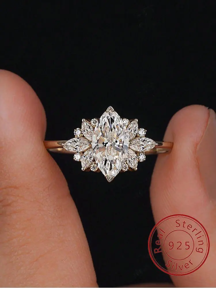 925 Sterling Silver Fashion Golden Marquise Series Zircon Ring For Women Engagement Wedding Simple  Fine Jewelry