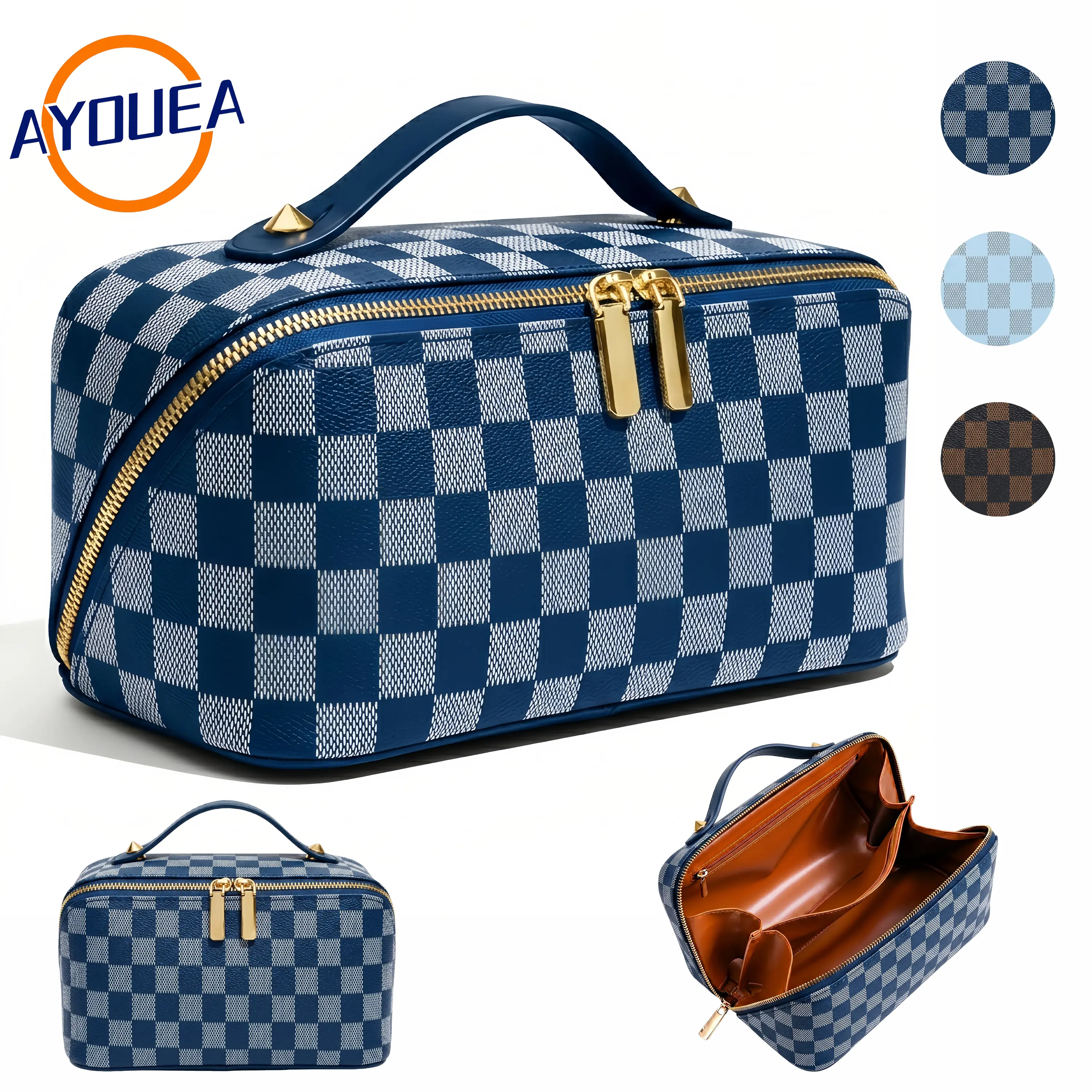 Large Capacity PU Vegan Leather Cosmetic Organizer Bag Waterproof Travel Makeup Pouch Portable Toiletry Bag for Women Minimalist Handheld Vanity Case Jewelry Organizer Box Skincare Wash Bag Diamond Lattice Storage Salon Grade Essentials Girlfriend Present