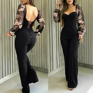 ChicMe Sweetheart Neck Sequin Flower Mesh Valentine's Day Lantern Sleeves Lace-up Back Jumpsuit Casual Backless Seam Front Wide Leg Jumpsuit for Wedding & Wedding Guest