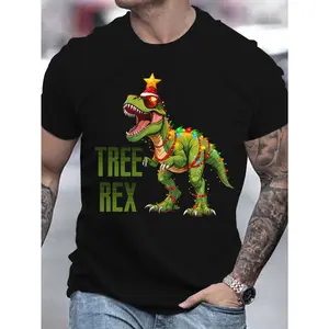 Men's 3D Printed Holiday Christmas Tree Dinosaur T-Shirt - Menswear, Round Neck, Short-Sleeve Casual Summer Top