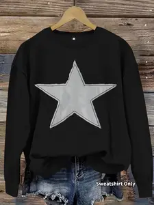 Women's Casual Star Pattern Fitted Pullover Sweater, Soft Long Sleeve Round Neck Sweatshirt, Comfortable Daily Wear