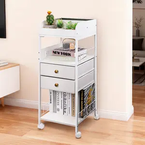 Metal Rolling Utility Cart 3 Tier Removable Drawer Wooden Tabletop USB Ports Multi Functional Storage Organizer for Kitchen Living Room Office Mobile