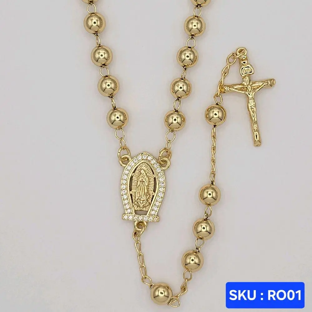 VIRGIN MARY Rosary Necklace Laminated Gold 24 inches 6mm wide Elegant Religious Jewelry for Everyday Wear and Prayer  Gold Plated.  SKU RO01