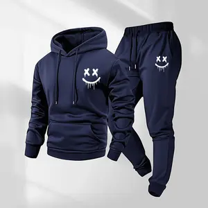 Men's Smiling Face Patterned Hoodie And Drawstring Track Pants Set, Men's Casual Athletic Long-Sleeved Hooded Jacket And Pants, Suitable For Fall And Winter, Street Style Hoodie Set, Everyday Wear, Indoor And Outdoor Sportswear