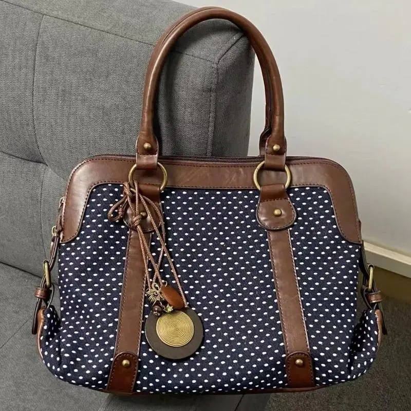 Women's Retro Polka Dot Leather Patchwork Boston Bag - High-Capacity, Elegant, Multi-Functional Commute Crossbody with Chain Strap, Zip Closure, Buckle, Anti-Theft Design, Hangable Patchwork Look for Evening Use
