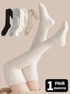 1 Pair Random Color Soft Warm Thickened Anti-Slip Women's Over-the-Knee Socks, Coral Fleece Over-the-Knee Socks, Warm Fuzzy Thigh-High Socks for Fall/Winter, Fall/Winter Style Fit